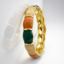 Earth-Tone Marbled Enamel Bangle – 18K Gold Plated Scalloped Cuff with Emerald, Terracotta, and Cream Swirl Pattern