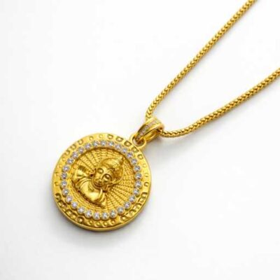 Lord Hanuman Gold Pendant Necklace with CZ Stones – Bajrang Bali Spiritual Chain for Protection, Strength and Blessings