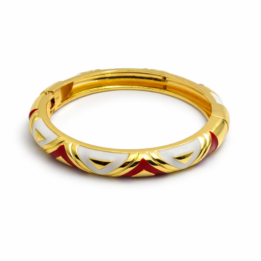 Bold Geometric Red & White Enamel Bangle – 18K Gold Plated Chevron Pattern Hinged Statement Cuff