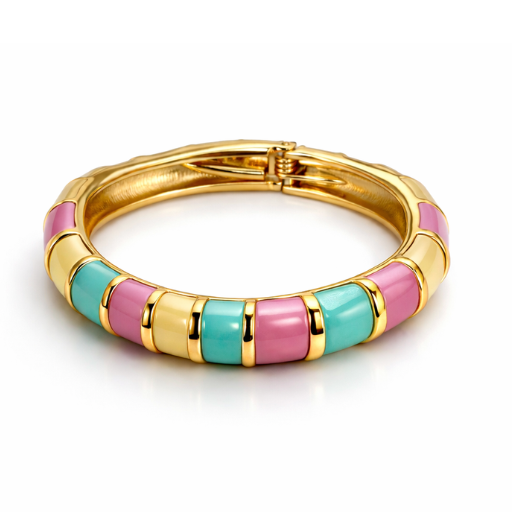 Add a splash of playful elegance to your wrist with this vibrant, gold-toned enamel bangle. Featuring a rhythmic sequence of soft pastel hues, this piece strikes the perfect balance between retro charm and contemporary chic.
