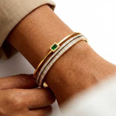 Luxury Gold Crystal Bangle with Green Stone – Elegant Designer Bracelet for Women | Premium Statement Jewelry