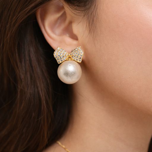 Gold Bow Pearl Drop Earrings for Women | Elegant Crystal Stud Pearl Earrings | Luxury Party Wear Jewelry