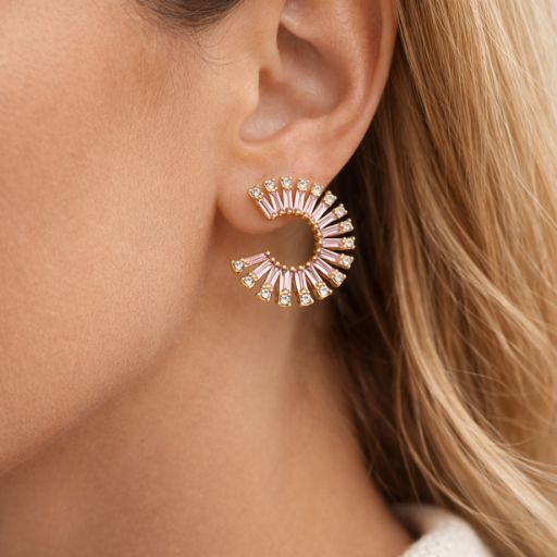 Gold Crystal Spiral Hoop Earrings for Women | Elegant Geometric Stud Hoops | Luxury Party Wear Jewelry
