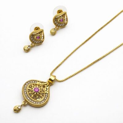 Gold Traditional Pendant Set for Women | Antique Design Necklace with Earrings | Ethnic Temple Jewelry Set