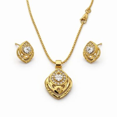Gold Crystal Pendant Set for Women | Elegant Necklace with Matching Earrings | Luxury Party & Daily Wear Jewelry