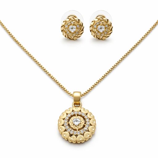 Gold Round Crystal Pendant Set for Women | Floral Design Necklace with Earrings | Elegant Daily & Party Wear Jewelry