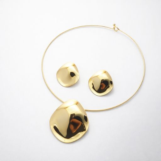 Gold Abstract Pendant Necklace Set for Women | Minimal Choker Necklace with Stud Earrings | Modern Statement Jewelry