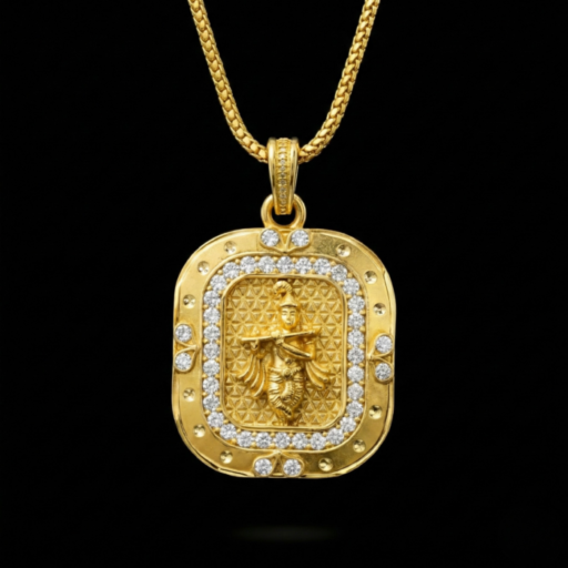 Lord Krishna Gold Pendant Necklace with Stone Border | Divine Hindu Spiritual Jewelry for Devotion & Blessings
