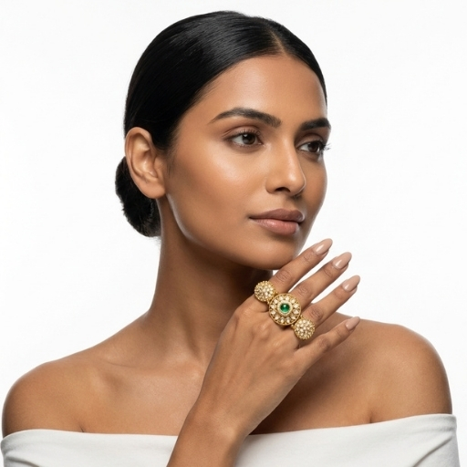 Gold Plated Kundan Floral Statement Ring with Green Stone | Adjustable Ethnic Finger Ring for Women