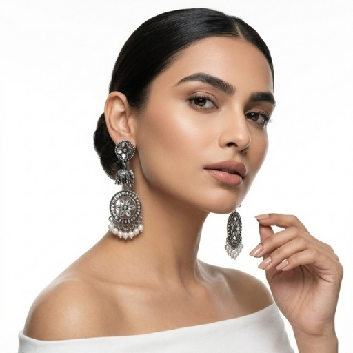 Oxidized Silver Elephant Drop Earrings with Pearl Beads | Traditional Statement Ethnic Earrings for Women