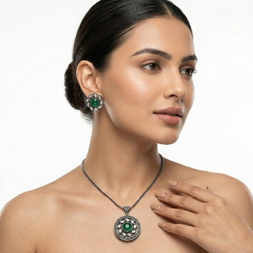 Vintage Silver Pendant Set with Green Stone | Elegant Ethnic Necklace and Earrings Set for Women