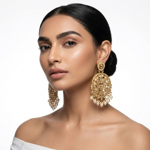 Gold Plated Kundan Chandbali Earrings with Pearl Drops | Traditional Bridal Statement Earrings for Women