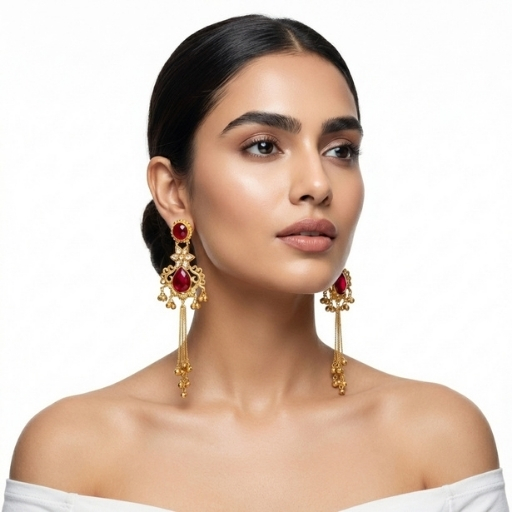 Gold Plated Long Drop Earrings with Red Stone | Elegant Statement Ethnic Earrings for Women
