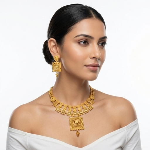 Gold Plated Temple Jewelry Necklace Set for Women | Traditional Statement Ethnic Necklace with Earrings