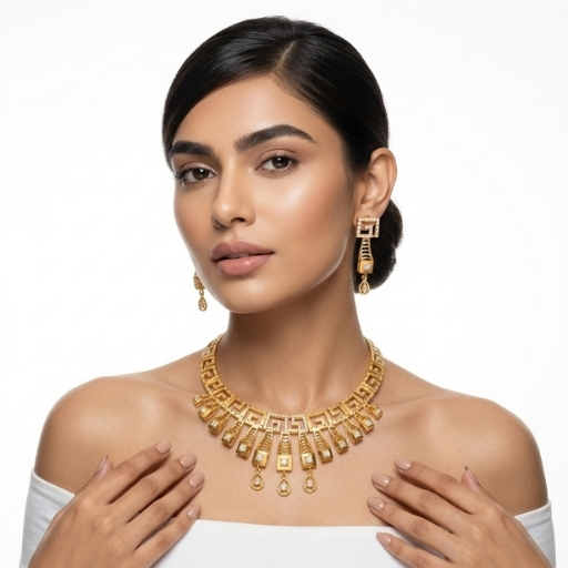 Gold Plated Geometric Necklace Set for Women | Modern Statement Ethnic Jewelry with Earrings