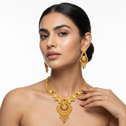 Gold Plated Floral Temple Necklace Set for Women | Traditional Statement Ethnic Jewelry with Earrings
