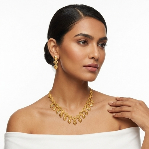 Gold Plated Leaf Design Necklace Set for Women | Elegant Traditional Ethnic Jewelry with Earrings