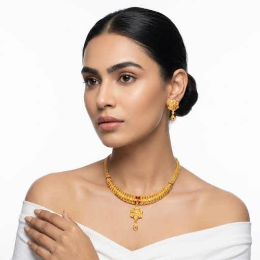 Gold Plated Minimal Choker Necklace Set for Women | Elegant Floral Pendant Ethnic Jewelry with Earrings