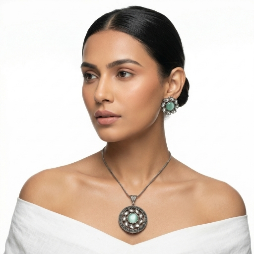 Vintage Silver Pendant Set with Mint Green Stone | Elegant Ethnic Necklace and Earrings Set for Women