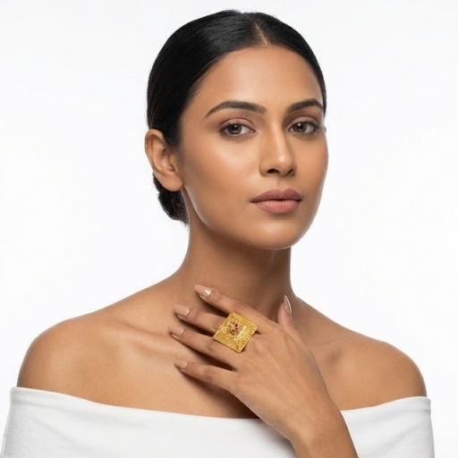 Gold Plated Square Statement Ring for Women | Traditional Floral Design Ethnic Finger Ring