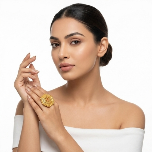 Gold Plated Hexagon Statement Ring for Women | Traditional Floral Design Ethnic Finger Ring