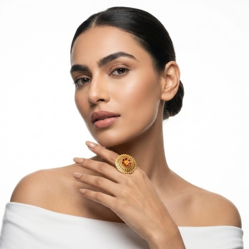 Gold Plated Floral Statement Ring for Women | Traditional Round Ethnic Finger Ring with Red Stone