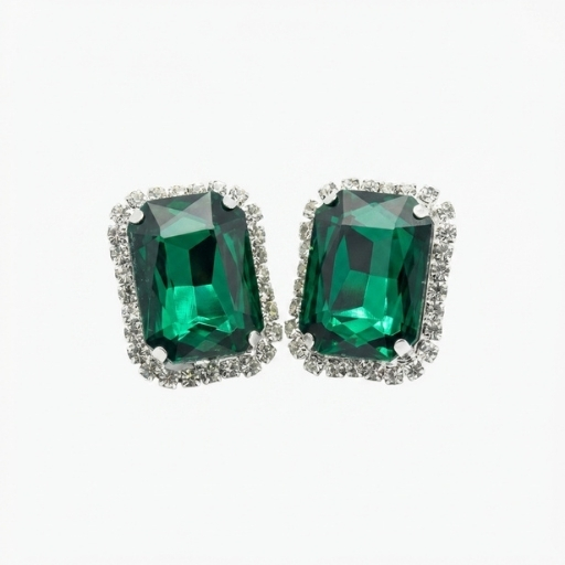 Silver Green Crystal Stud Earrings for Women | Elegant Rectangular Stone Statement Earrings