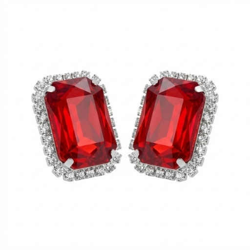 Silver Red Crystal Stud Earrings for Women | Elegant Rectangular Stone Statement Earrings