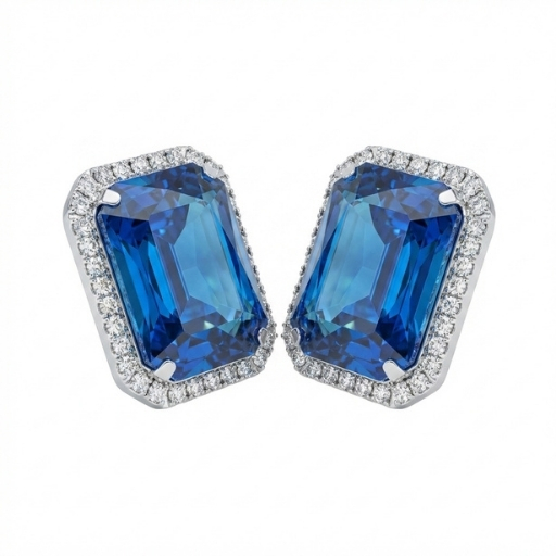 Silver Blue Crystal Stud Earrings for Women | Elegant Emerald Cut Stone Statement Earrings