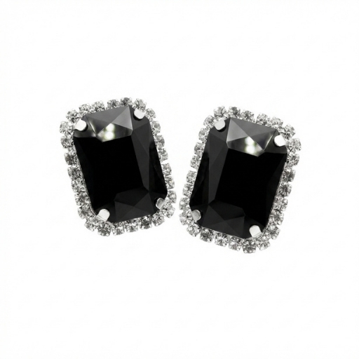 Silver Black Crystal Stud Earrings for Women | Elegant Emerald Cut Stone Statement Earrings