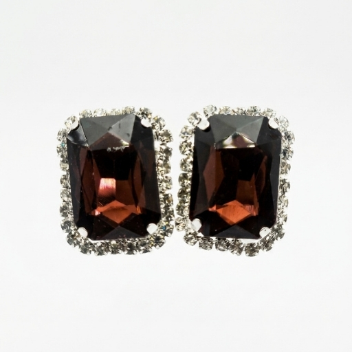 Silver Brown Crystal Stud Earrings for Women | Elegant Emerald Cut Stone Statement Earrings