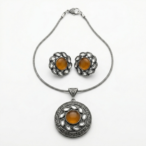 Vintage Silver Pendant Set with Orange Stone | Elegant Ethnic Necklace & Earrings Set for Women