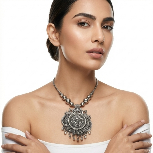 Oxidized Silver Statement Necklace for Women | Traditional Round Pendant Ethnic Jewelry with Beaded Chain