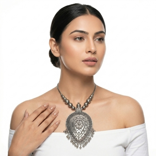 Oxidized Silver Statement Necklace for Women | Traditional Teardrop Pendant Ethnic Jewelry with Beaded Chain