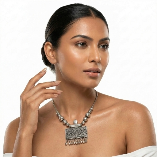 Oxidized Silver Rectangle Pendant Necklace for Women | Traditional Tribal Statement Ethnic Jewelry