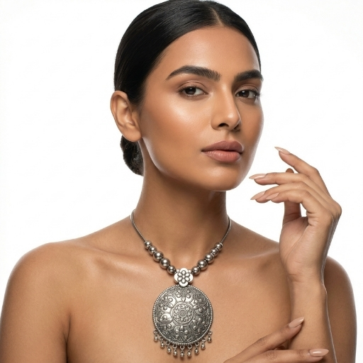 Oxidized Silver Floral Pendant Necklace for Women | Traditional Round Statement Ethnic Jewelry