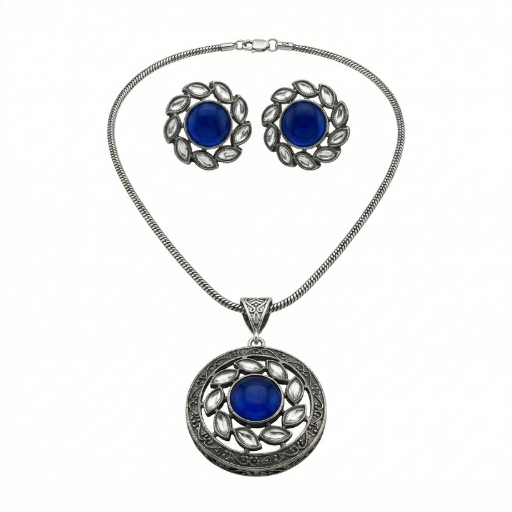Antique Silver Pendant Set with Blue Stone | Elegant Necklace & Earrings Jewelry Set for Women