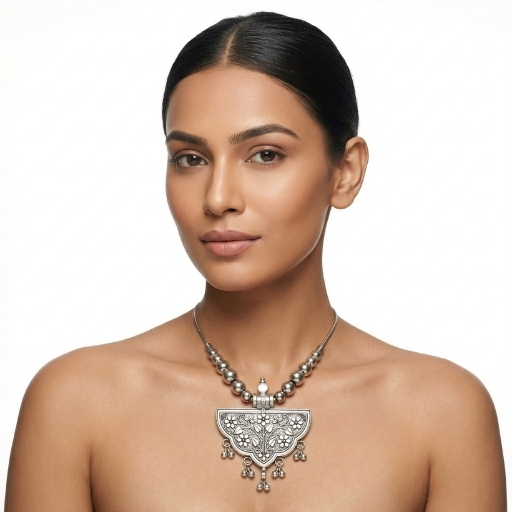 Oxidized Silver Half-Moon Floral Necklace for Women | Traditional Statement Ethnic Jewelry with Beaded Chain