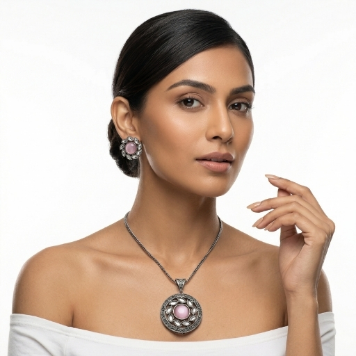 Vintage Silver Pendant Set with Pink Stone | Elegant Ethnic Necklace and Earrings Set for Women