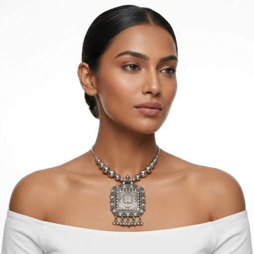 Oxidized Silver Square Pendant Necklace for Women | Traditional Statement Ethnic Jewelry with Beaded Chain