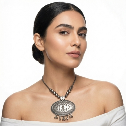 Oxidized Silver Oval Pendant Necklace for Women | Traditional Statement Ethnic Jewelry with Beaded Chain