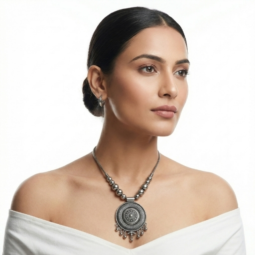 Oxidized Silver Round Statement Necklace for Women | Traditional Ethnic Jewelry with Beaded Chain
