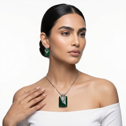 Silver Pendant Set with Green Stone | Elegant Rectangular Necklace and Earrings Set for Women