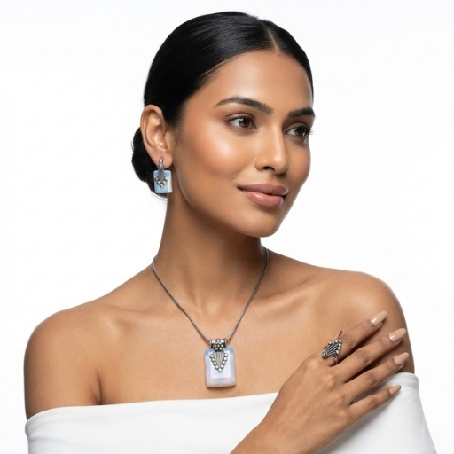 Silver Pendant Set with Light Blue Stone | Elegant Rectangular Necklace and Earrings Set for Women
