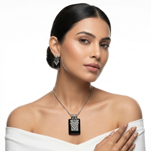 Silver Pendant Set with Black Stone | Elegant Rectangular Necklace and Earrings Set for Women