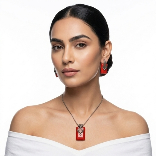 Silver Pendant Set with Red Stone | Elegant Rectangular Necklace and Earrings Set for Women
