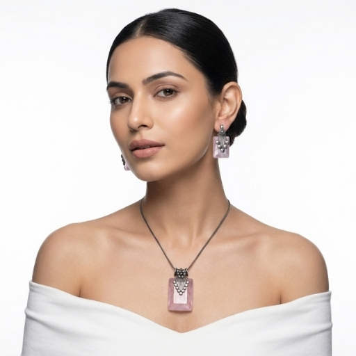Silver Pendant Set with Pink Stone | Elegant Rectangular Necklace and Earrings Set for Women