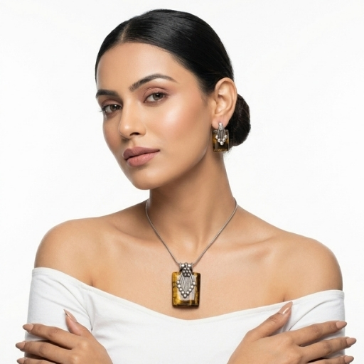 Silver Pendant Set with Brown Stone | Elegant Rectangular Necklace and Earrings Set for Women