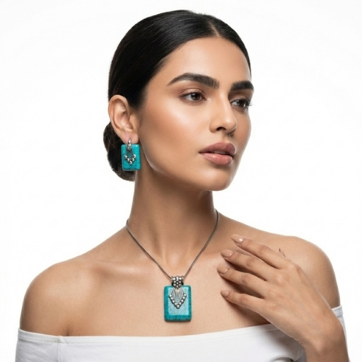 Silver Pendant Set with Turquoise Stone | Elegant Rectangular Necklace and Earrings Set for Women