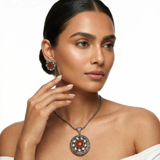 Vintage Silver Pendant Set with Red Stone | Elegant Ethnic Necklace and Earrings Set for Women